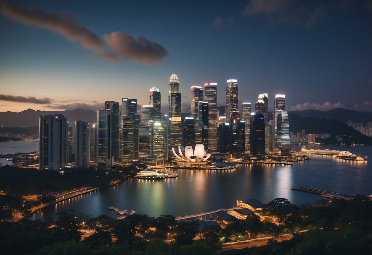 A bustling cityscape with iconic landmarks of Singapore fading into a serene mountainous backdrop, leading to the modern skyline of Vancouver