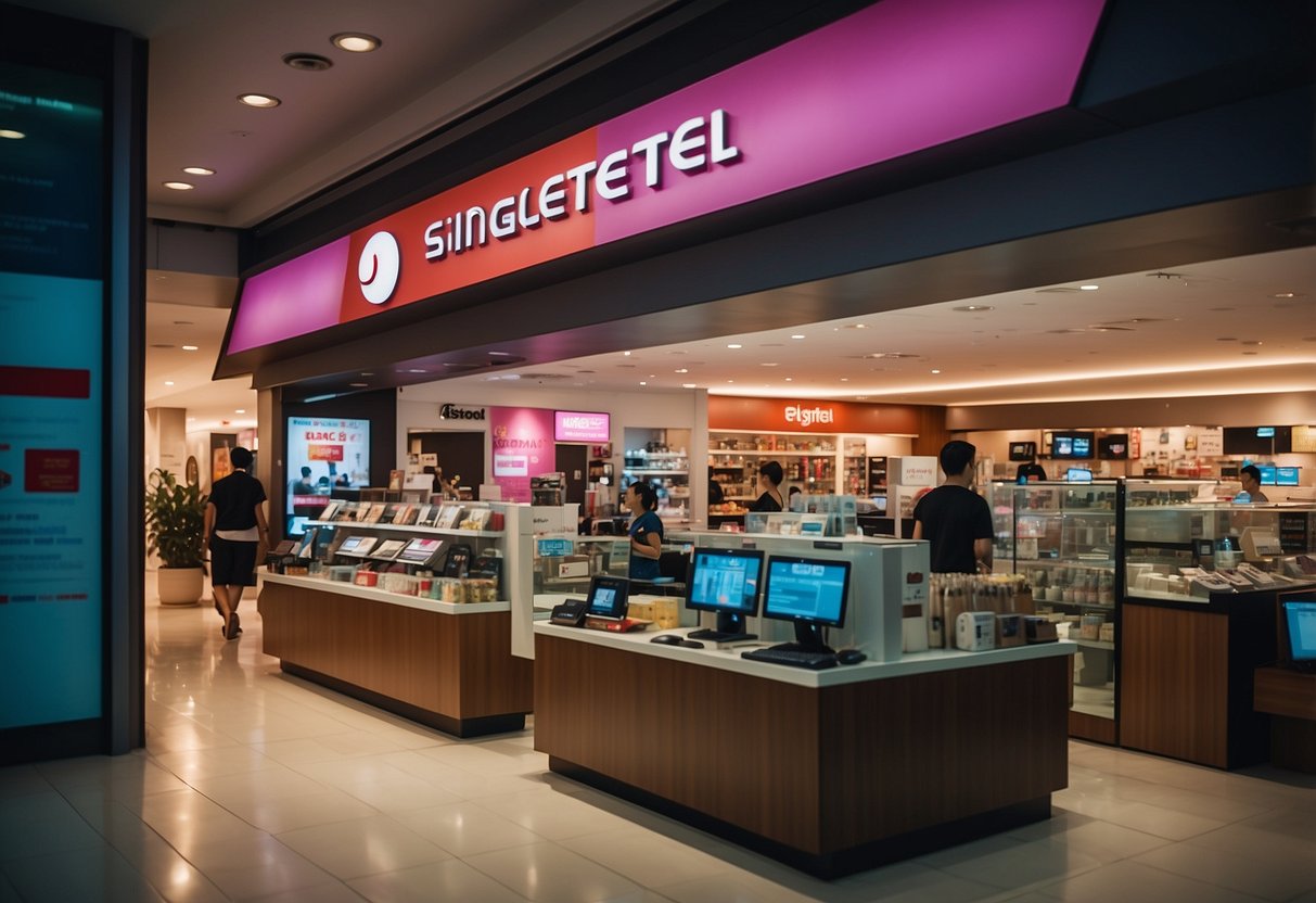 A bustling Singtel shop in Singapore, with colorful displays and customers browsing products