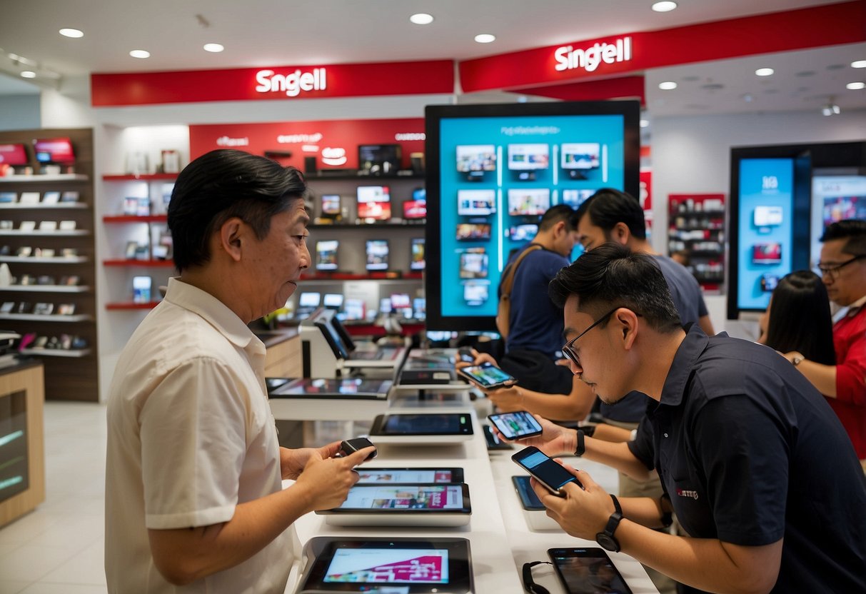 Customers browsing through the latest gadgets and accessories at Singtel Shops in Singapore. Displays of smartphones, tablets, and smartwatches line the shelves, while staff assist with inquiries