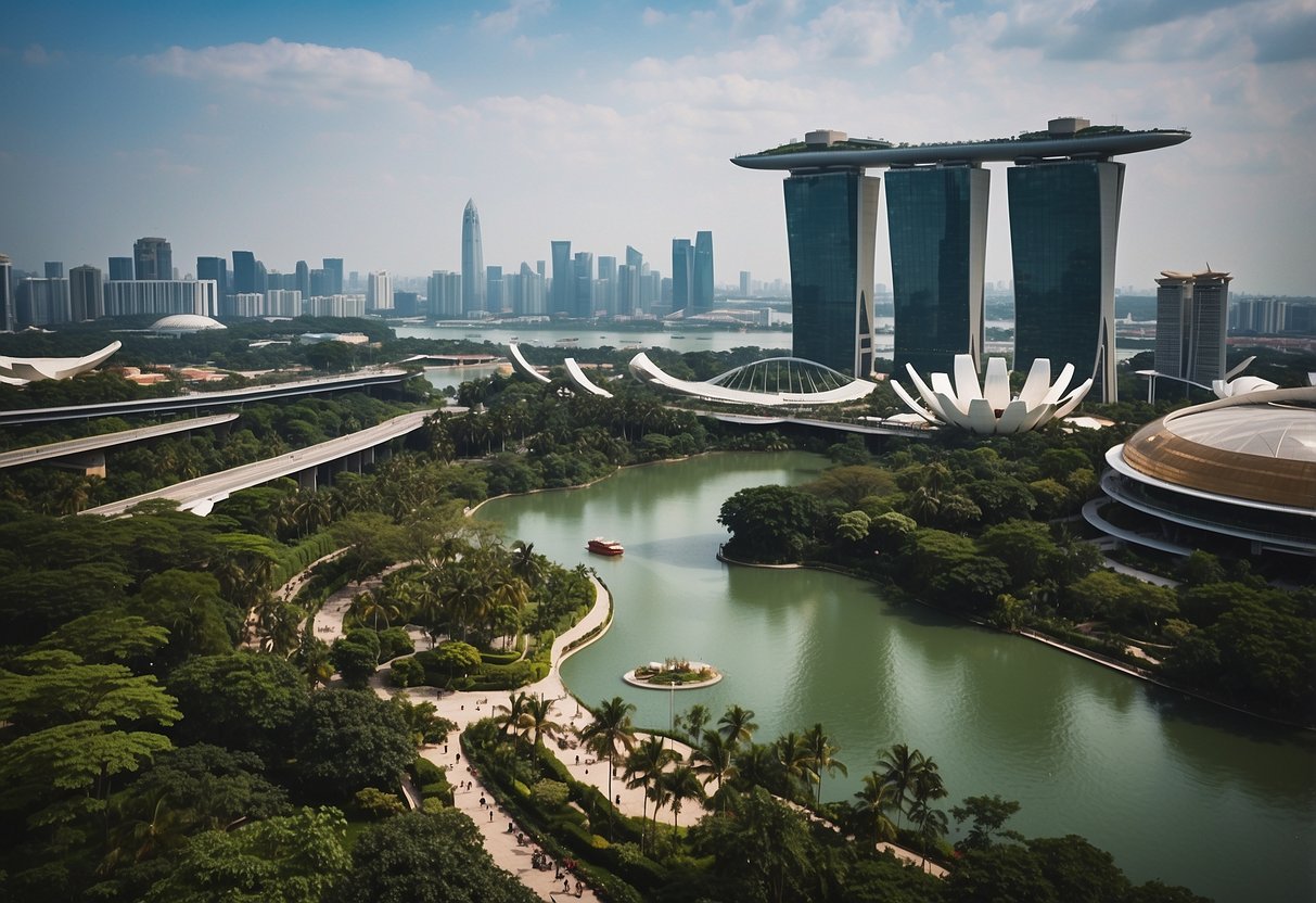 Expedia Singapore: A bustling cityscape with iconic landmarks like the Marina Bay Sands and the Gardens by the Bay, surrounded by a mix of modern skyscrapers and traditional shophouses