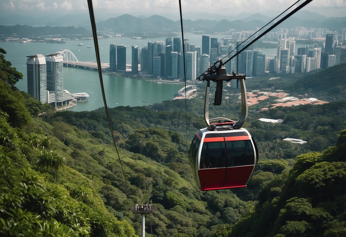 A cable car glides over lush green hills, crossing the sparkling blue waters of Singapore's harbor, with the city skyline in the distance