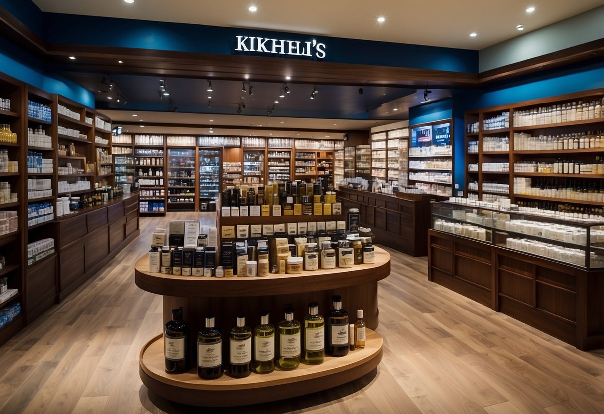 A bustling Kiehl's store in Singapore, with shelves of skincare products, a friendly salesperson assisting a customer, and the iconic Kiehl's apothecary-style branding throughout the store