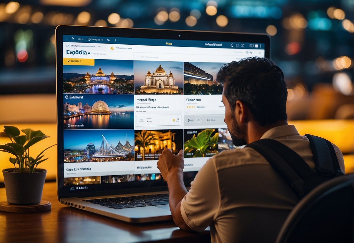 A traveler browsing through Expedia Singapore's website, with various travel services and destinations displayed on the screen