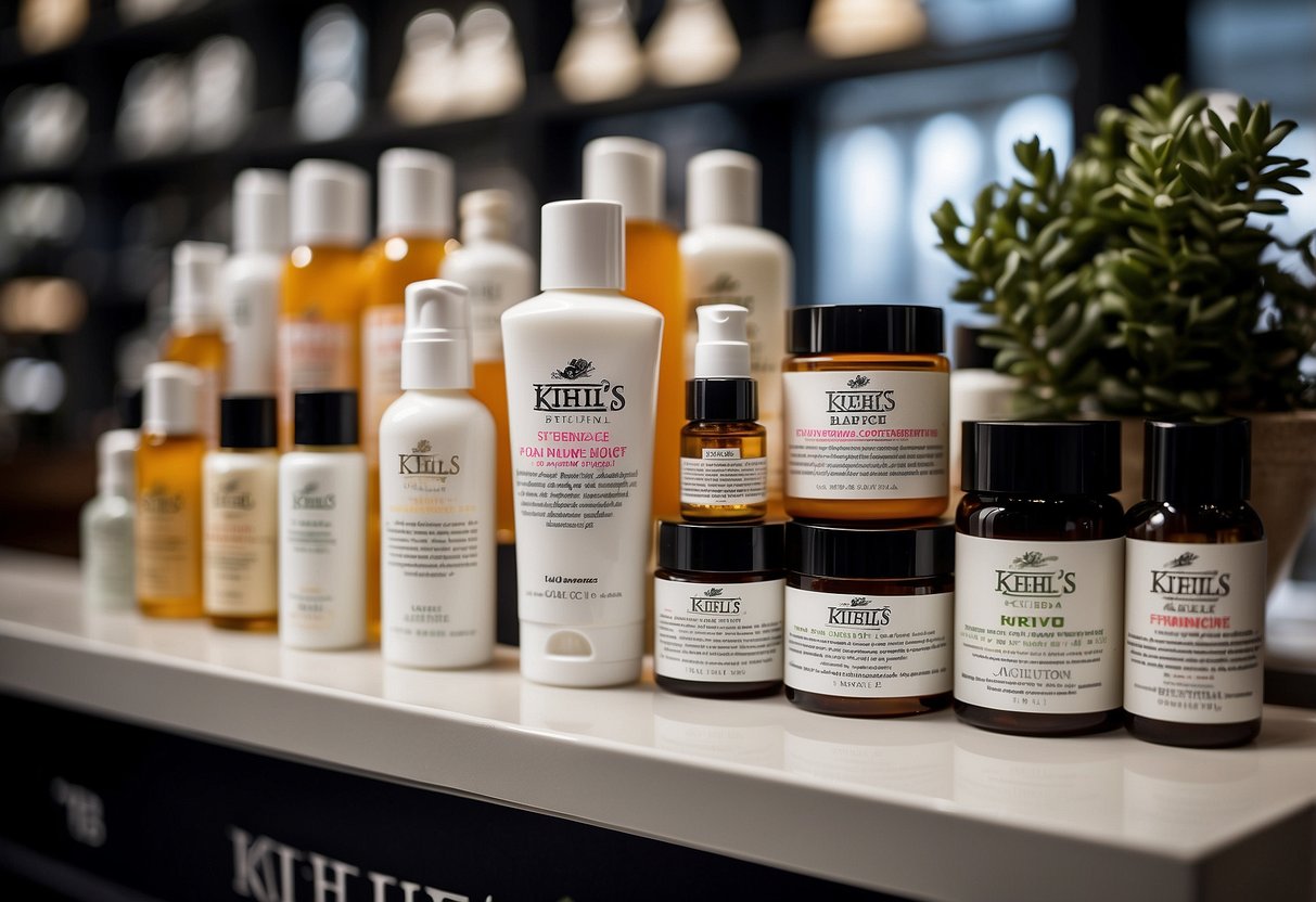 A display of Kiehl's skincare products arranged on a clean, modern shelf with the brand logo prominently featured