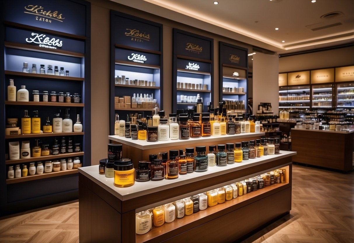 A luxurious display of Kiehl's products with a sign promoting exclusive offers and services at a store in Singapore
