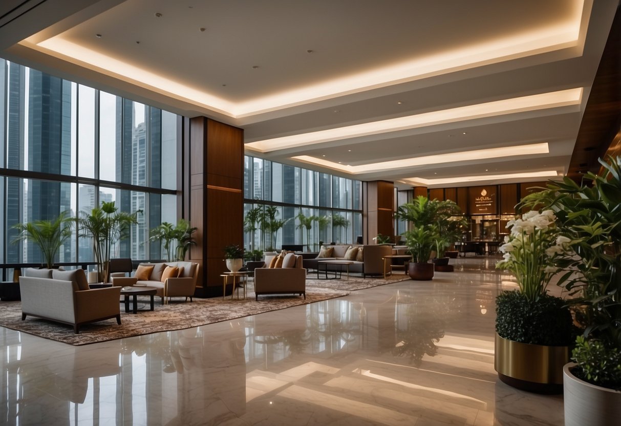The luxurious Somerset Singapore hotel features a grand lobby with modern furnishings, a concierge desk, and a welcoming front desk staff