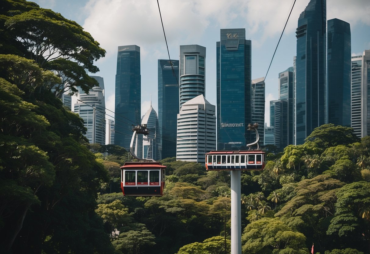 The iconic Singapore cable car glides over the city skyline, with a backdrop of modern skyscrapers and lush greenery