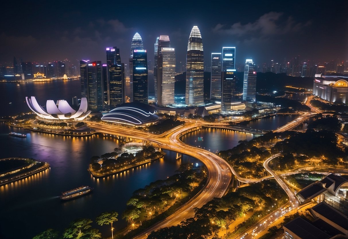 A bustling cityscape with iconic Singapore landmarks, a vibrant skyline, and a diverse array of travelers enjoying the benefits of using Expedia for their travel arrangements