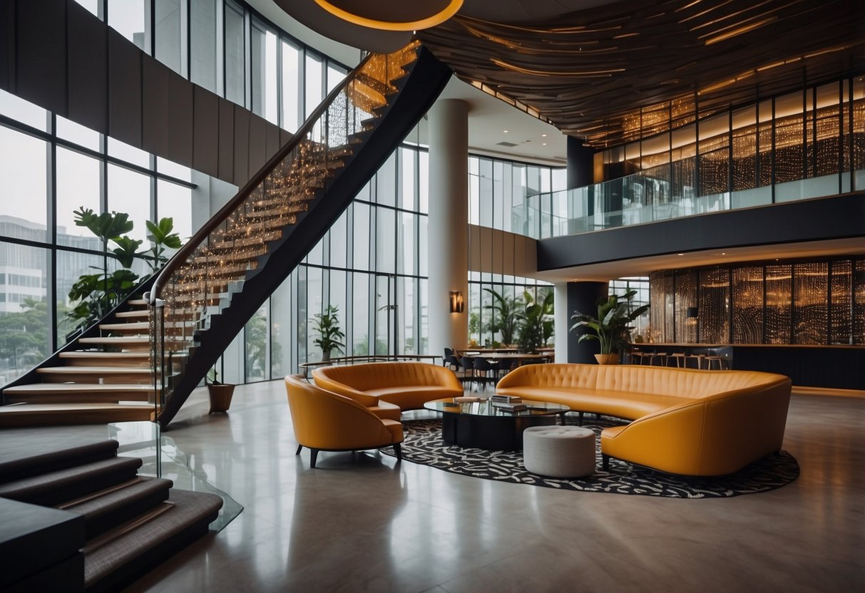 The sleek lobby of Studio M Hotel Singapore, with modern furniture and a striking spiral staircase