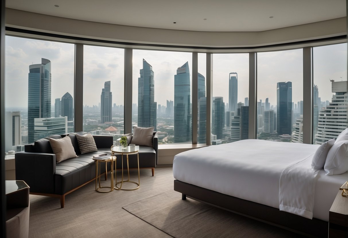 The studio at M Hotel Singapore features a modern and stylish interior with a comfortable bed, sleek furniture, and a well-equipped kitchenette. The room is bathed in natural light from the large windows, offering a stunning view of the city skyline