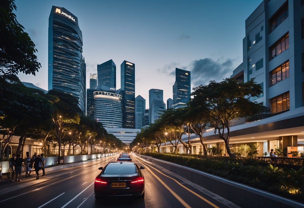 The bustling streets of Singapore surround the modern Neighbourhood studio m hotel. The vibrant cityscape and diverse architecture create a lively and dynamic atmosphere