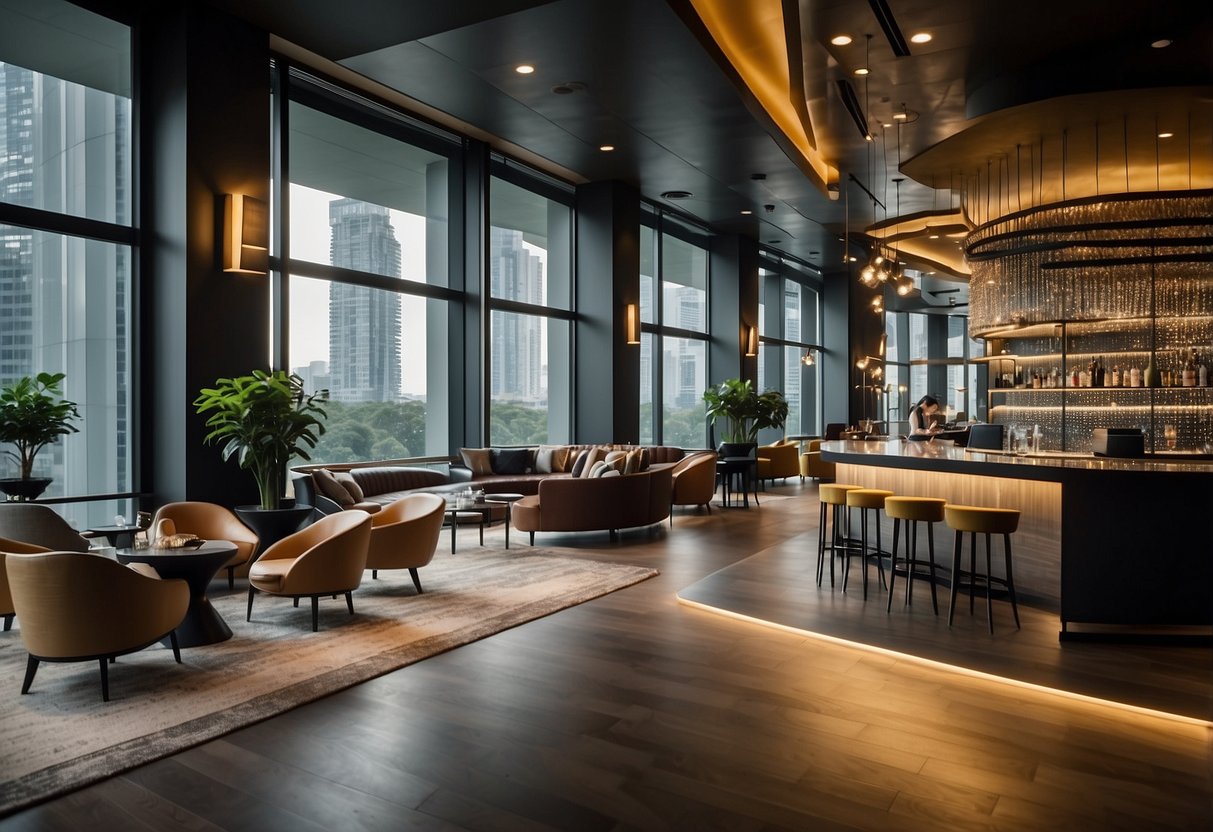 The studio m hotel in Singapore is bustling with activity as guests inquire about frequently asked questions at the front desk. The modern and sleek interior of the hotel creates a stylish backdrop for the scene