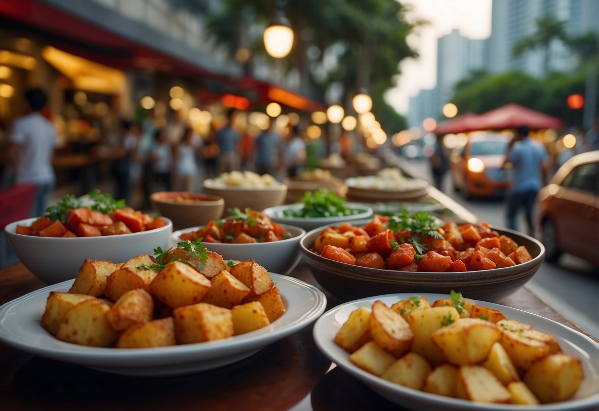 A table lined with assorted tapas dishes, including patatas bravas and chorizo, set against a backdrop of a bustling Singapore street