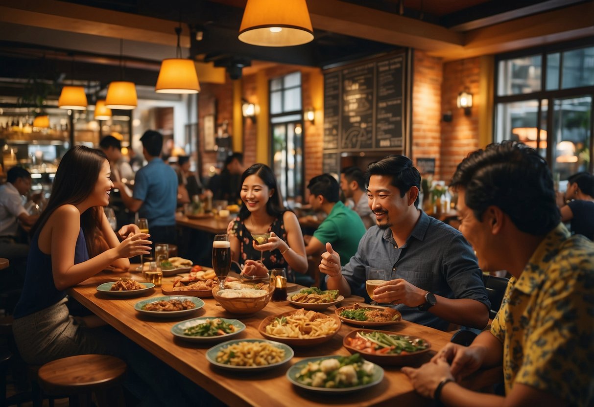 People enjoying a variety of tapas dishes at a bustling tapas bar in Singapore. The vibrant atmosphere and colorful plates of food create an inviting scene for an illustrator to recreate
