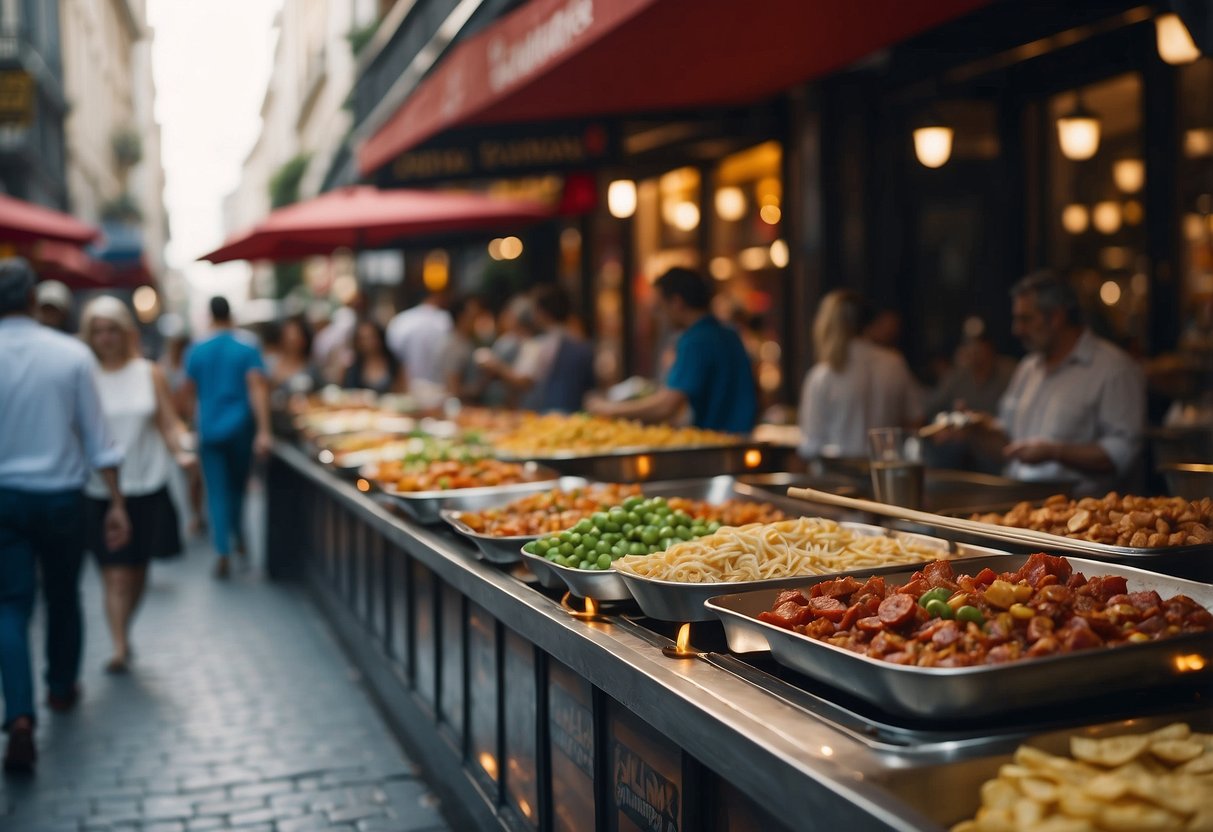 A bustling street lined with colorful, bustling tapas bars, filled with the aroma of sizzling chorizo and the sound of clinking glasses