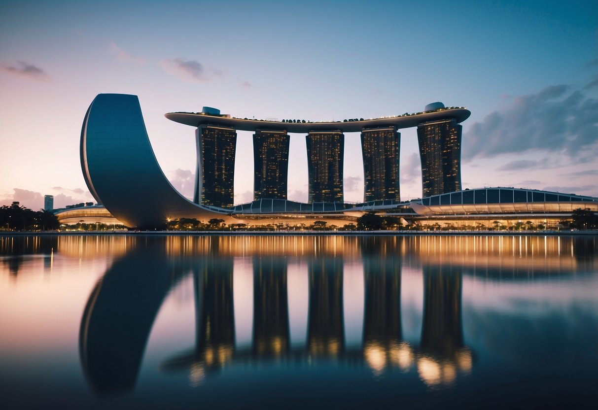 The iconic Marina Bay Sands skyline reflects in the calm waters of Marina Bay, with the striking architecture of The Exchange building standing out against the cityscape