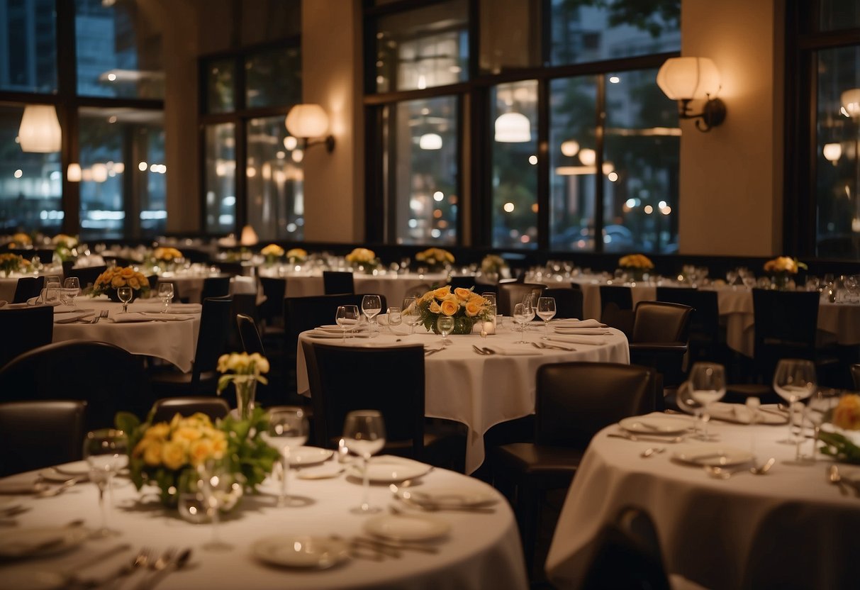 A bustling restaurant with elegant decor, dim lighting, and a lively atmosphere. Tables are set with fine china and gleaming silverware, while guests enjoy their meals and engage in animated conversation