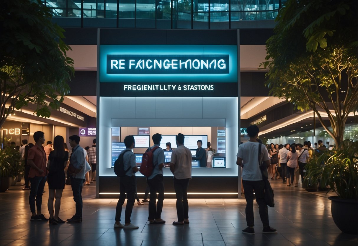 A bustling crowd surrounds a large sign reading "Frequently Asked Questions" at The Exchange Singapore. Bright lights illuminate the area, and people are seen approaching the information desk for assistance