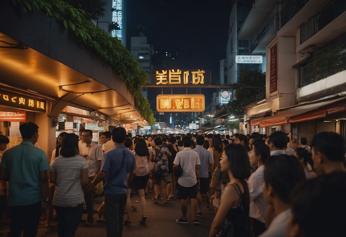 A glowing TotoBet sign illuminates a bustling Singapore street at night. People eagerly gather around, placing bets and cheering on their chosen teams
