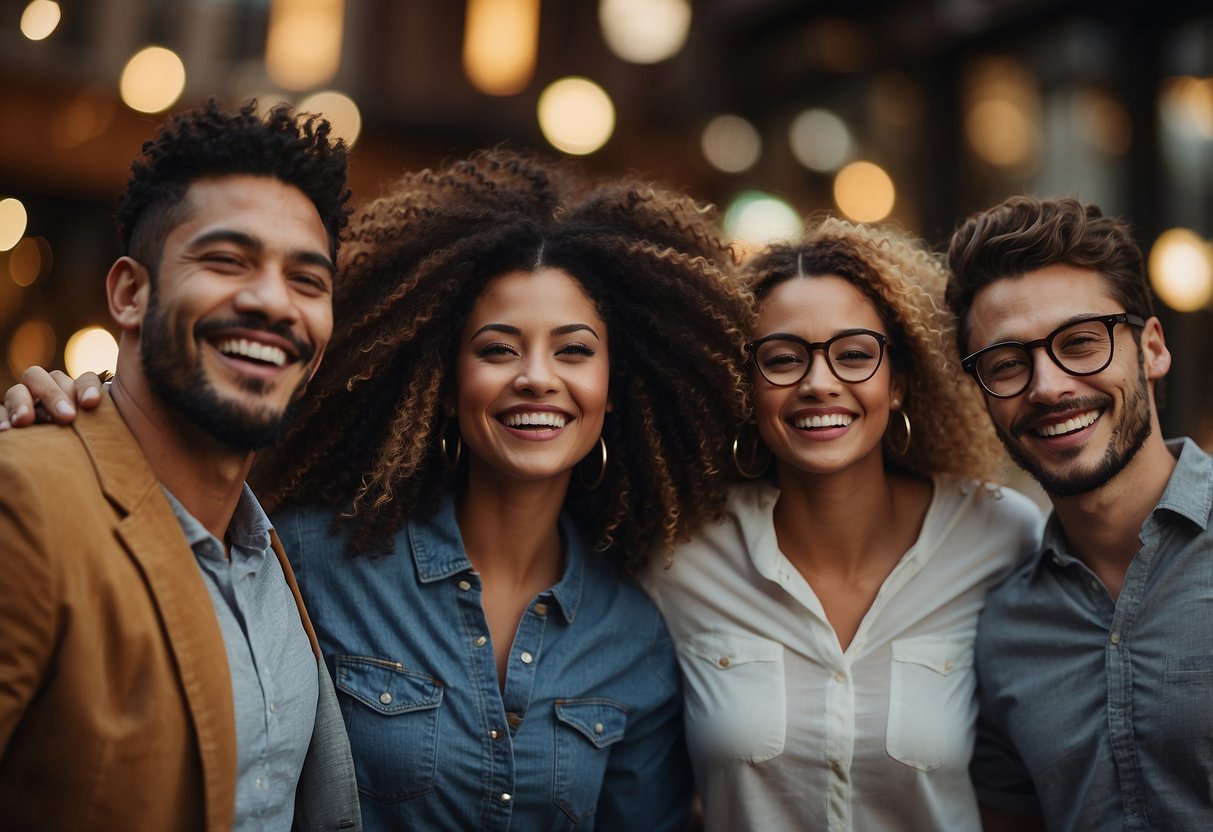 A group of diverse individuals celebrate together, holding hands and smiling. The atmosphere is filled with joy and camaraderie, as they come together to celebrate their collective success