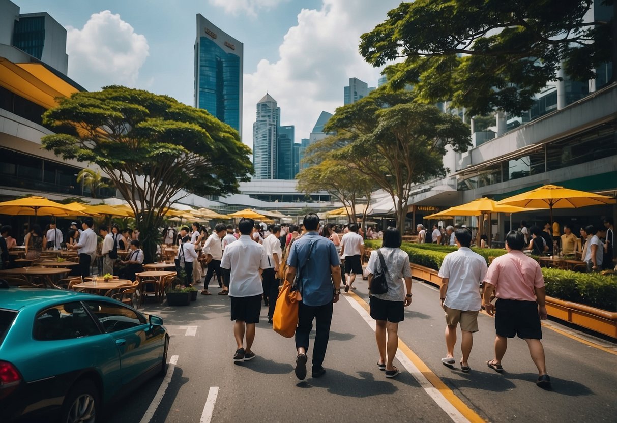 A bustling urban scene in Singapore, with iconic landmarks and bustling streets filled with diverse people and vibrant colors