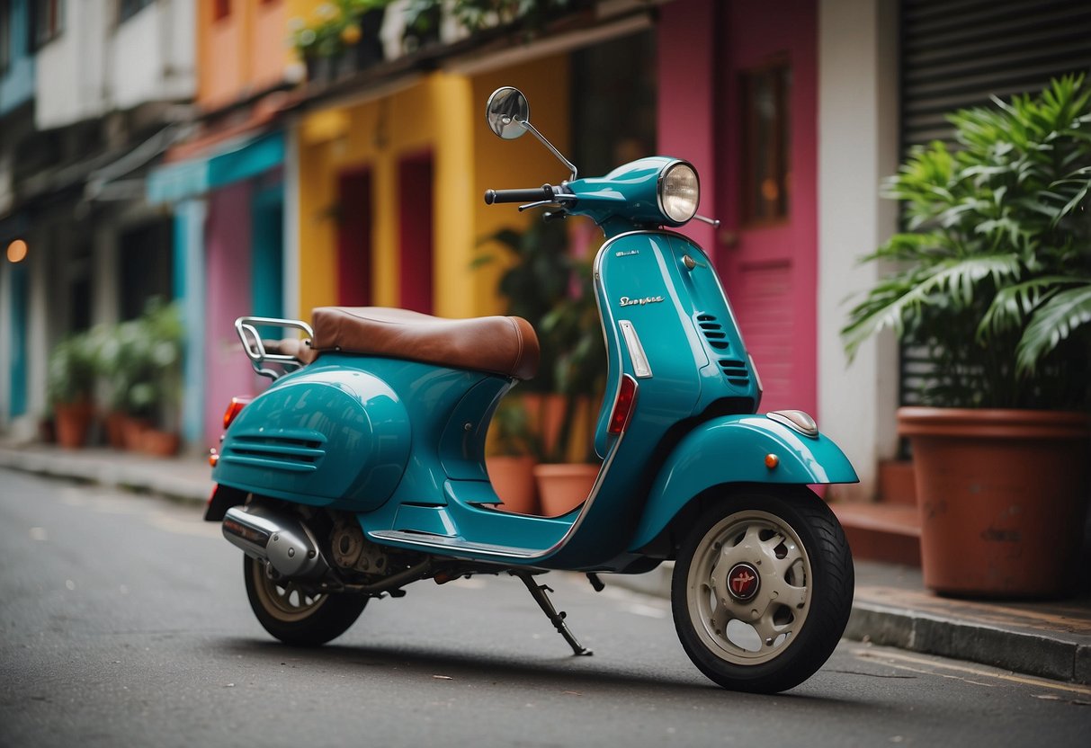 A vibrant Vespa scooter parked in front of a bustling street in Singapore, surrounded by colorful buildings and lush greenery