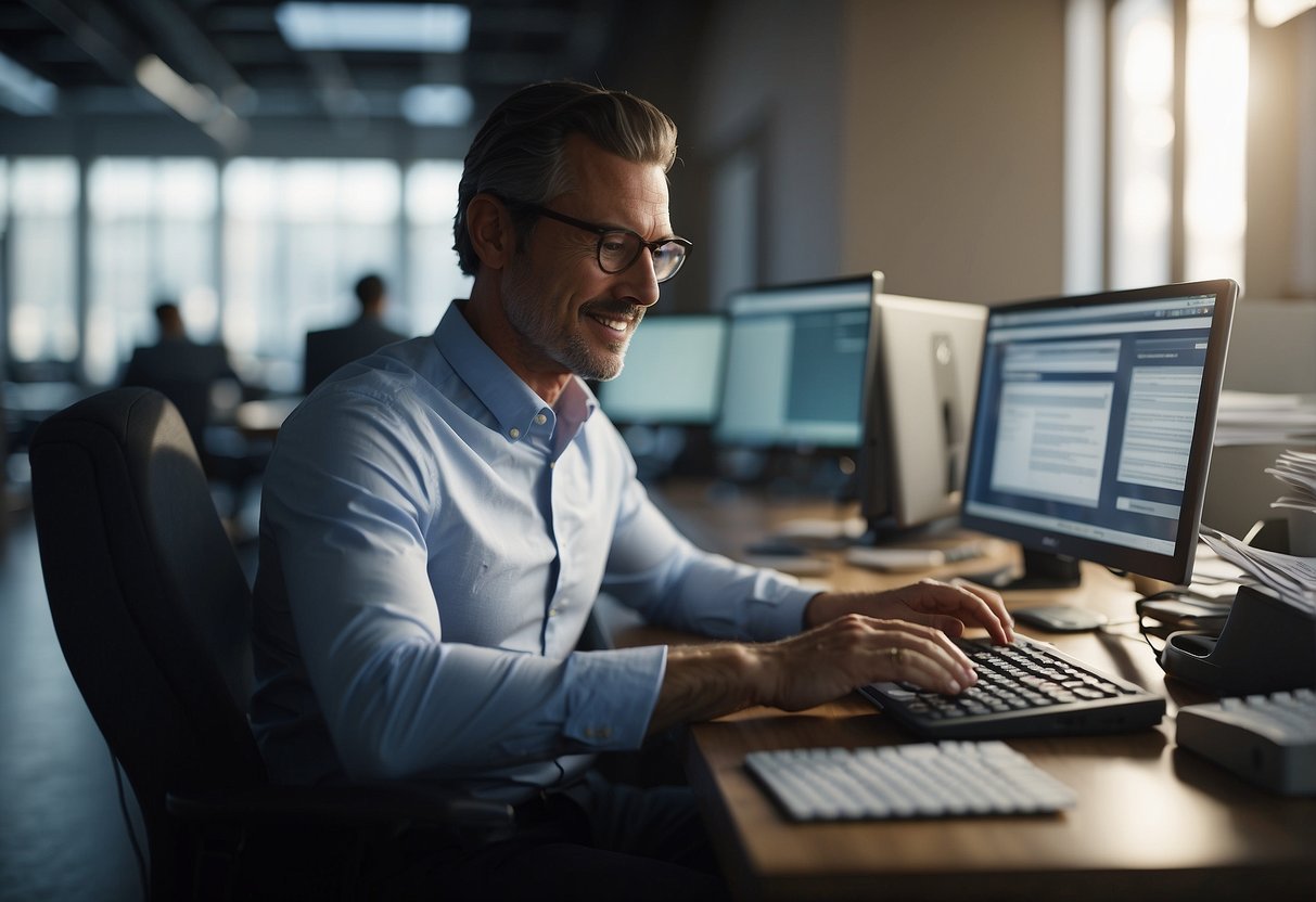 A business owner sits at a desk, typing on a computer with the UEN for Business Operations displayed on the screen. A stack of paperwork and a phone are nearby