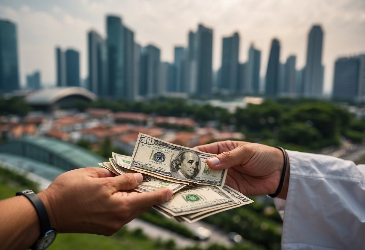 A customer hands over cash to a Vespa dealer in Singapore, with various models on display and the city skyline in the background