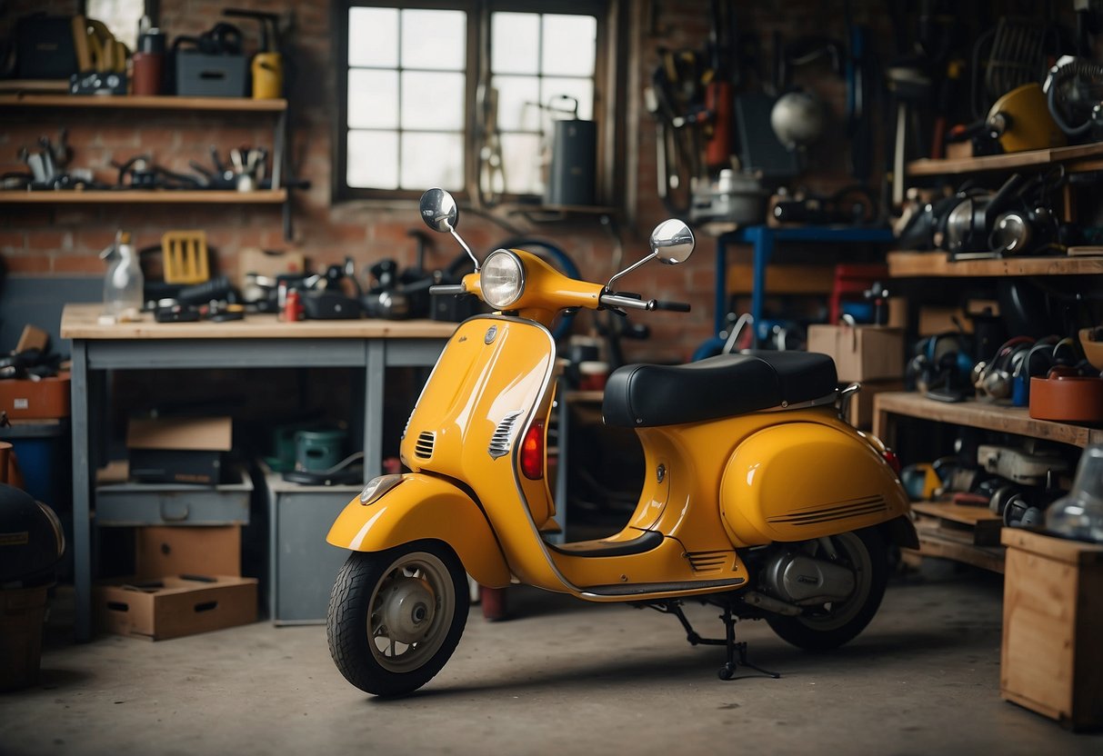 A person in a garage, wearing a tool belt, is maintaining a Vespa scooter. Tools and parts are scattered around the workspace