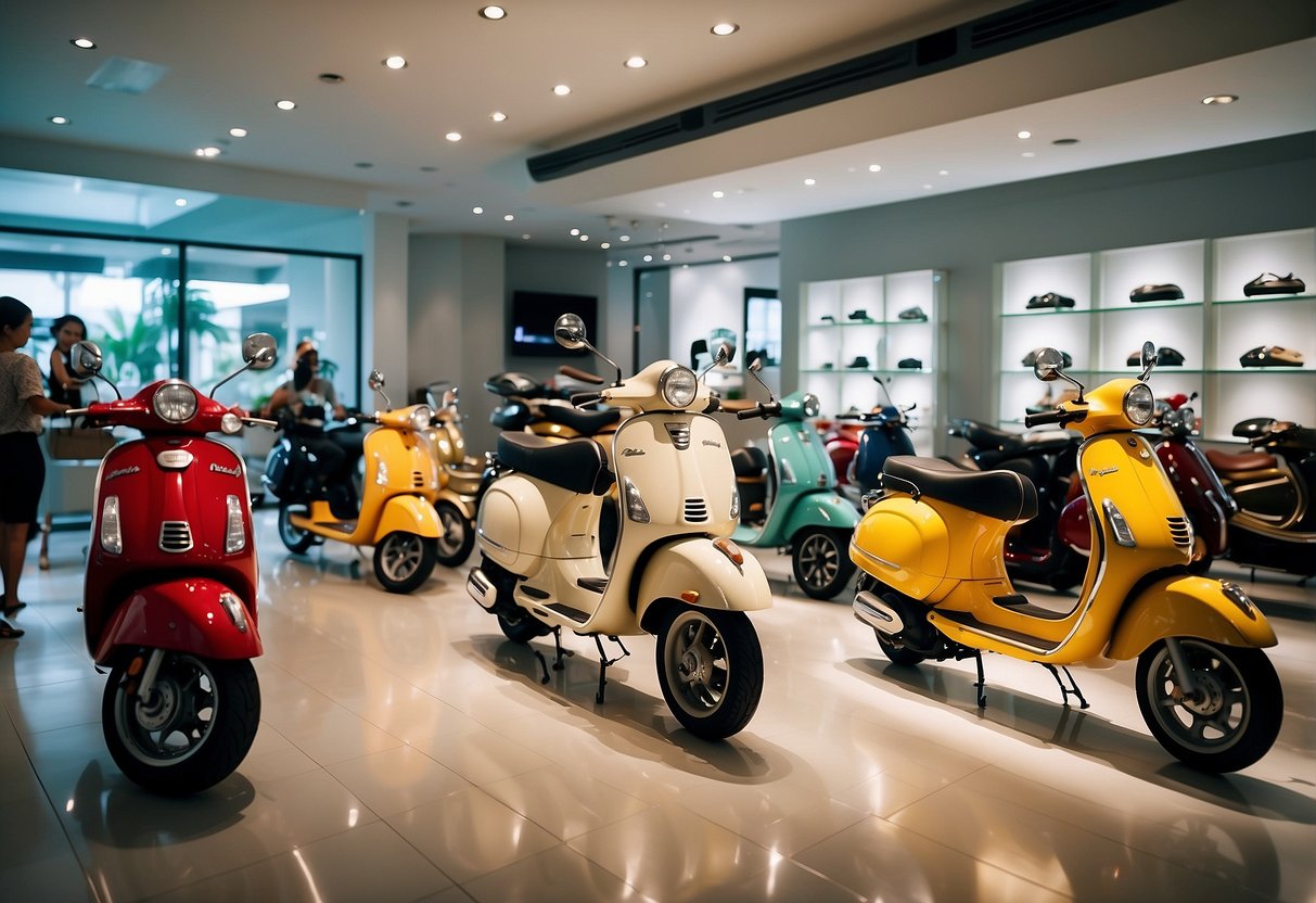 A bustling Vespa showroom in Singapore, with customers browsing models and staff assisting with inquiries. Bright lights and sleek designs fill the space