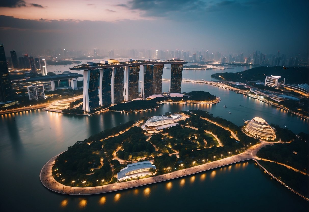 Aerial view of modern cityscape with skyscrapers, parks, and waterfront in Singapore