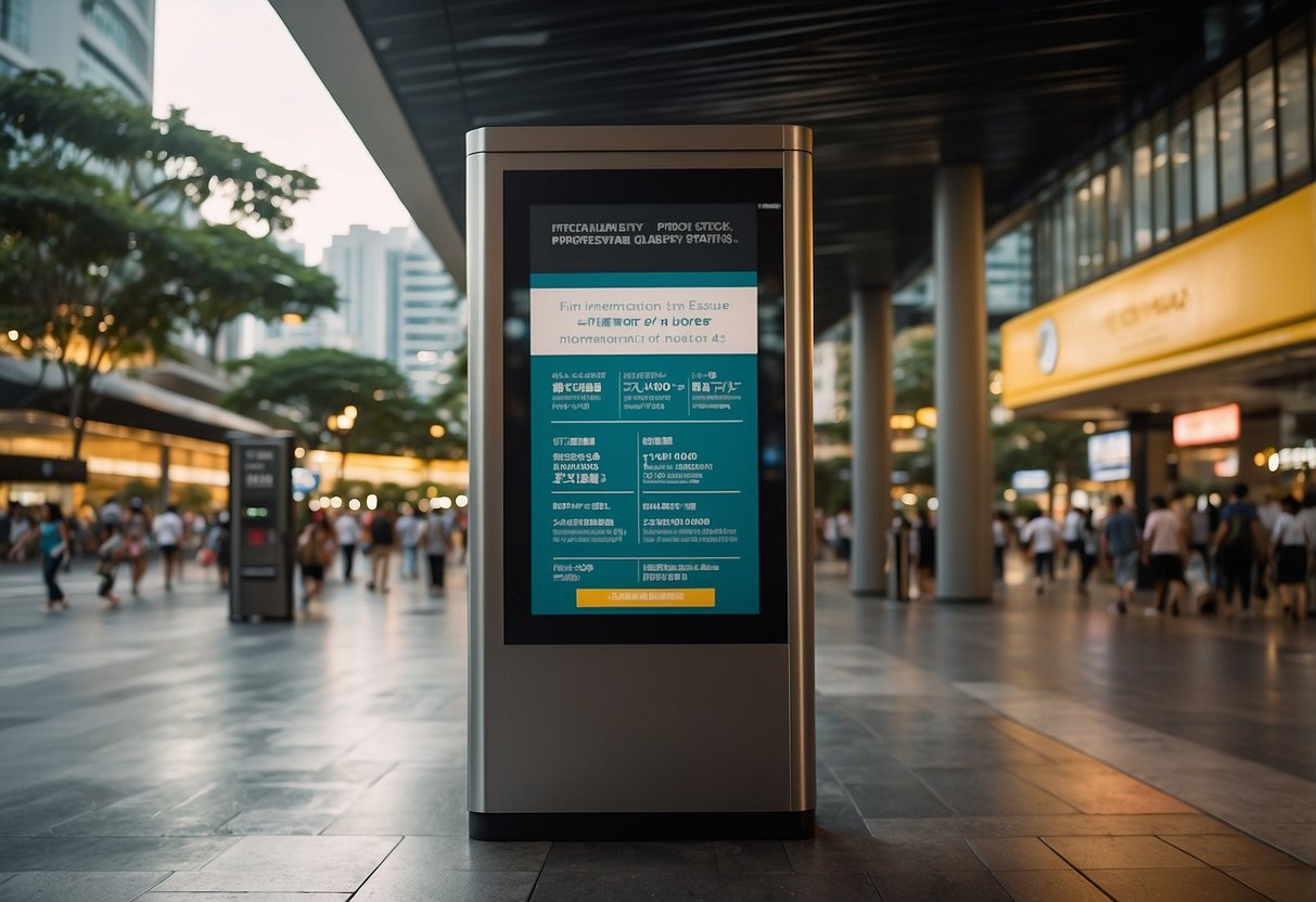 A well-designed information kiosk with "Frequently Asked Questions" displayed prominently in a bustling Singapore city square
