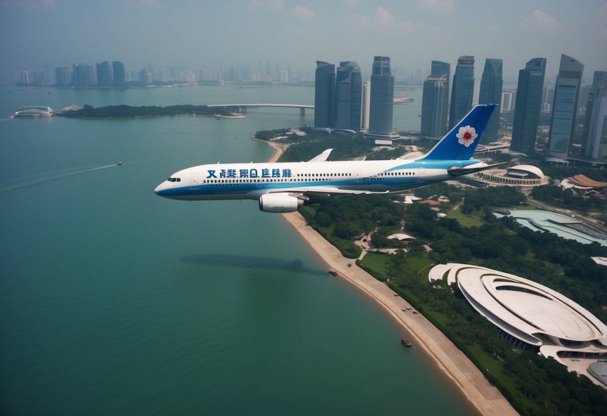 The Xiamen Airlines plane descends over the iconic Singapore skyline, with the Marina Bay Sands and the Gardens by the Bay visible in the distance