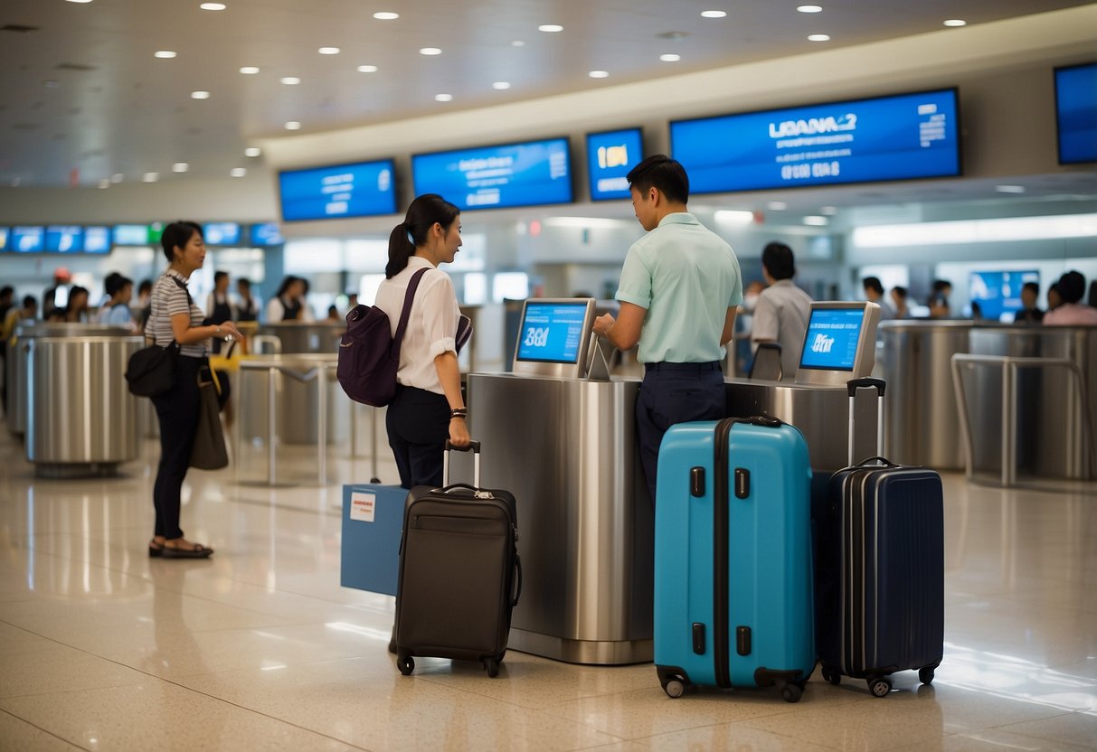 Passengers discussing travel plans at Xiamen Airlines counter in Singapore airport. Luggage and flight information displayed