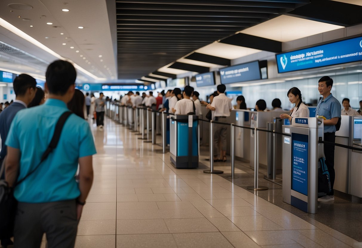 Passengers lining up at Xiamen Airlines counter in Singapore airport, with FAQ signs and staff assisting