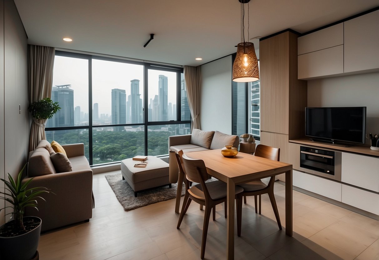 A small studio apartment in Singapore, with minimal furnishings and a compact layout, priced at $1000 per month