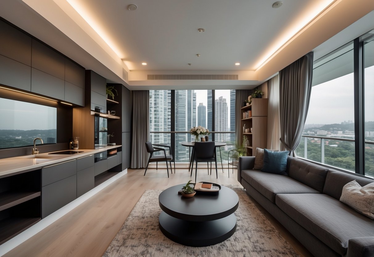 A modern studio apartment in Singapore, complete with sleek furnishings and ample natural light, offers a premium rental experience for $1000