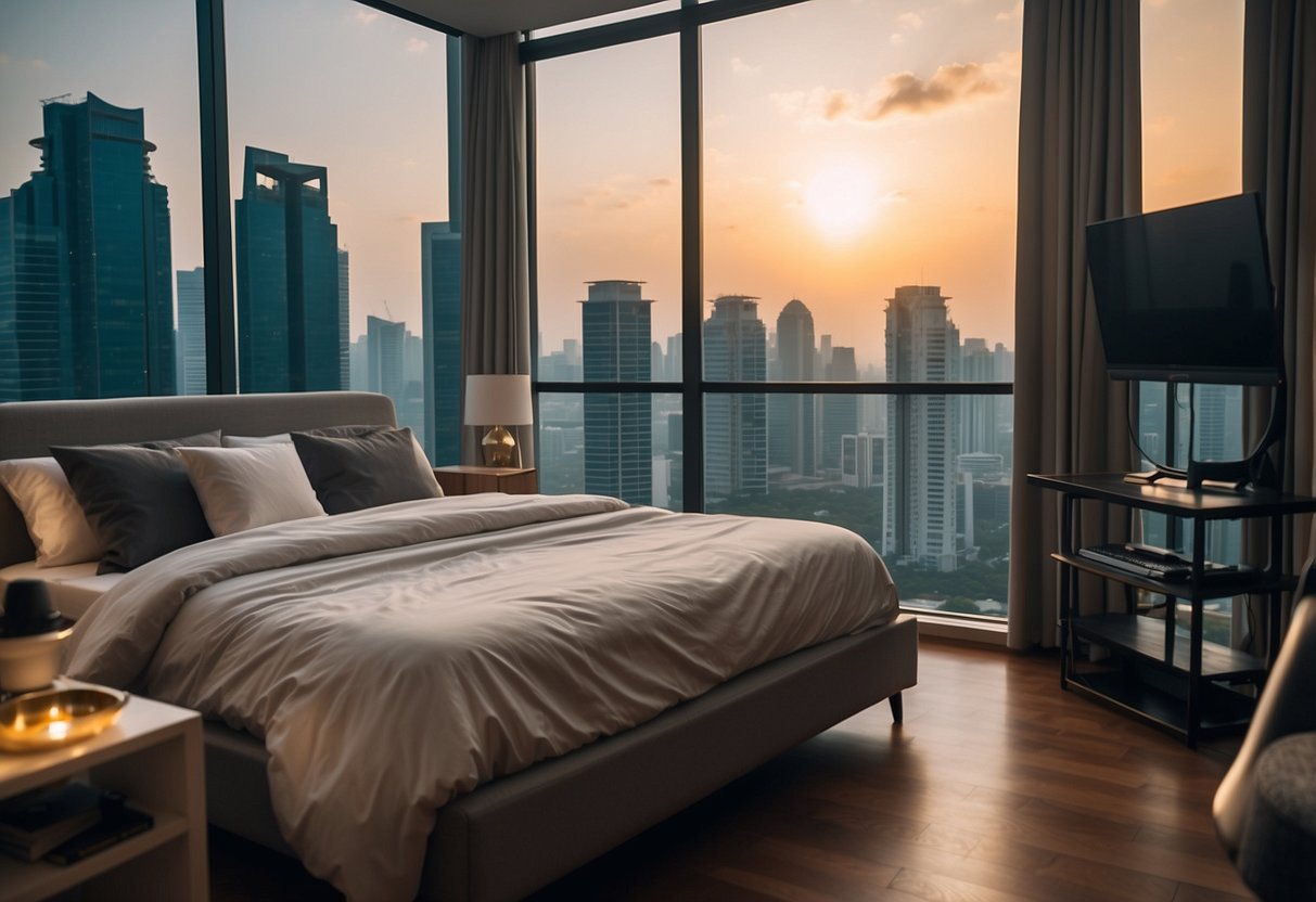 A cozy studio apartment in Singapore with a price tag of $1000, featuring a modern interior and city views