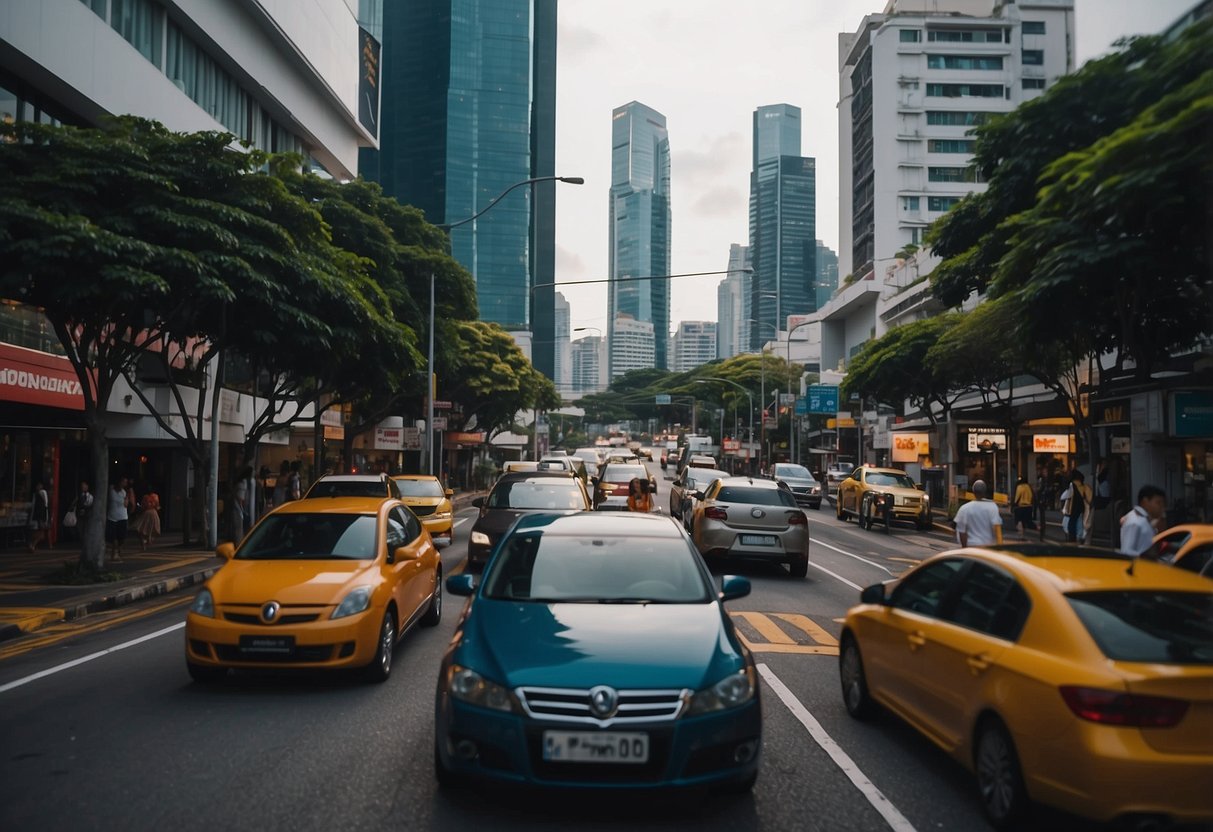 A busy intersection at 24 Penjuru Road, Singapore, with cars and pedestrians moving through the bustling city scene