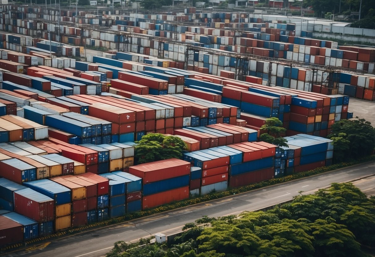 Aerial view of 24 Penjuru Road, Singapore, surrounded by industrial buildings and warehouses. The road is lined with parked trucks and there are shipping containers stacked nearby