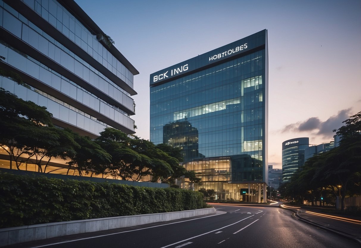 A modern office building with "Leasing Information" signage at 24 Penjuru Road, Singapore