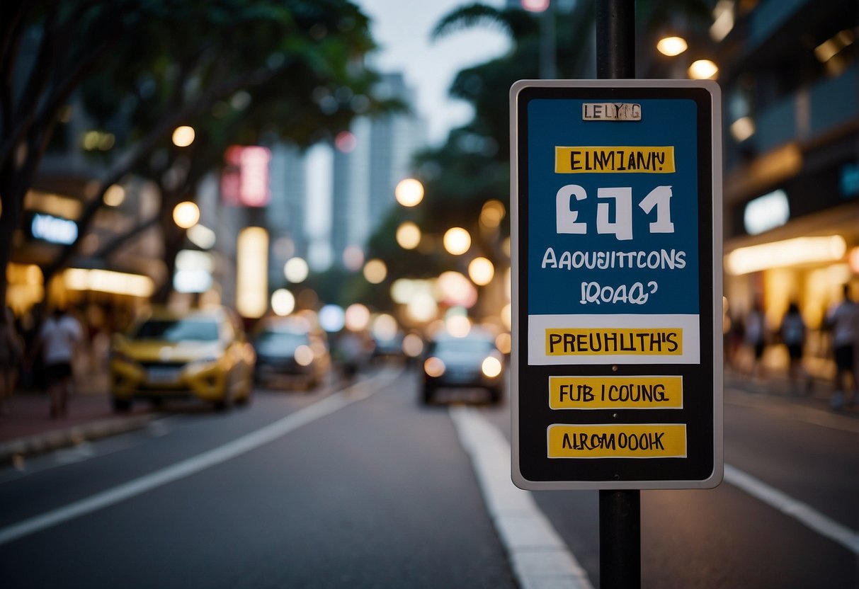A signboard reading "Frequently Asked Questions 24 Penjuru Road, Singapore" against a backdrop of a busy urban street