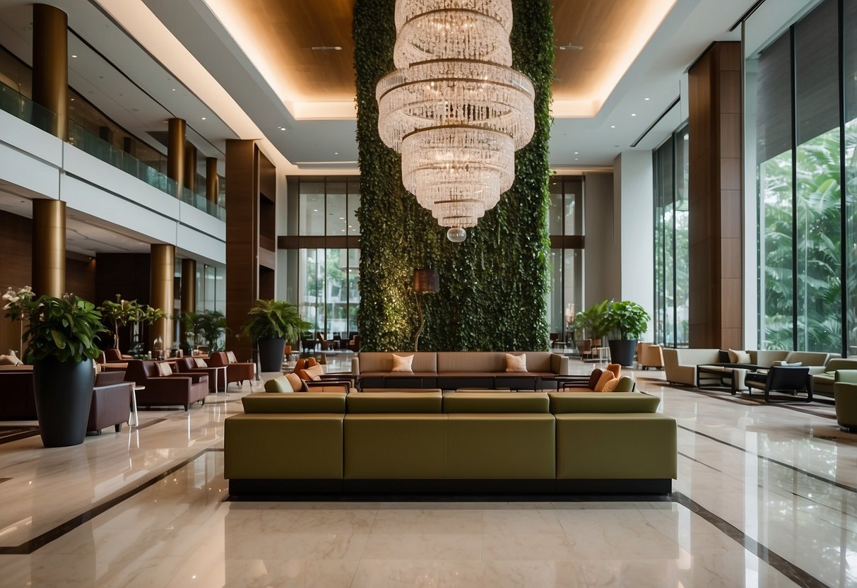 The lobby of Park Regis Singapore features modern furniture, a sleek check-in desk, and a grand chandelier. The space is filled with natural light from floor-to-ceiling windows, and lush greenery adds a touch of tranquility