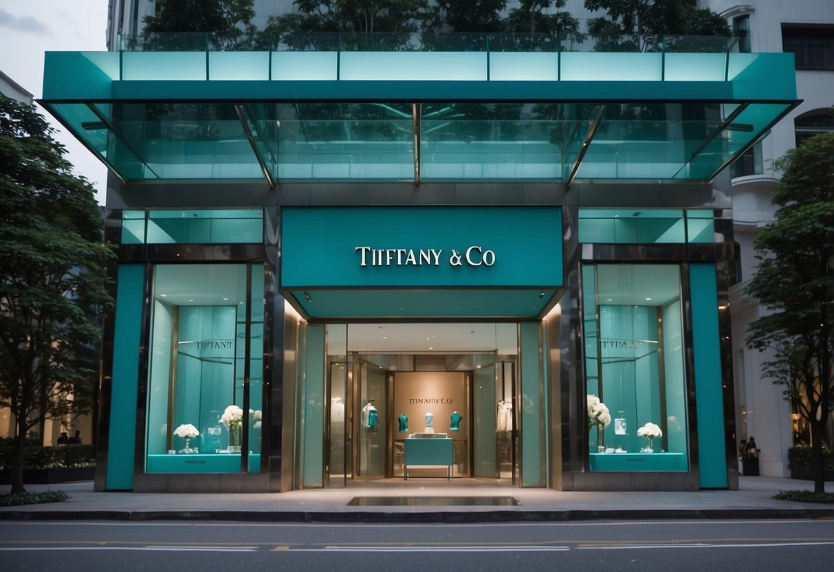 A luxurious storefront with iconic blue signage and elegant window displays at Tiffany and Co in Singapore