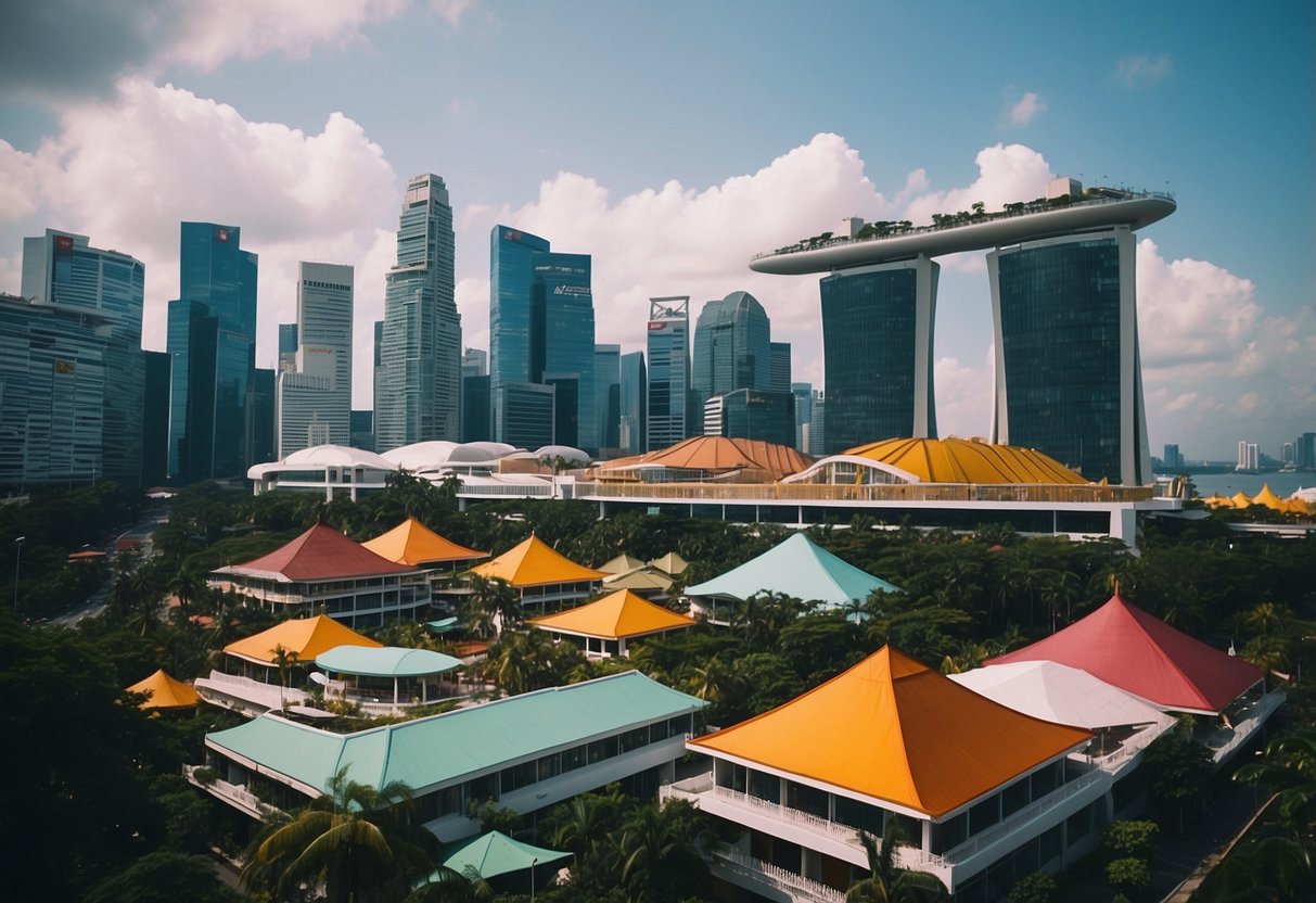 A row of colorful budget hotels in Singapore, with vibrant signs and bustling activity