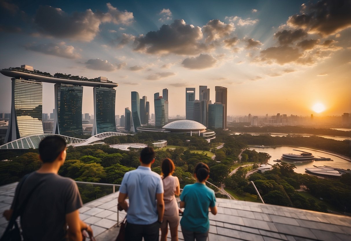 Guests selecting budget stay in Singapore, surrounded by hotel options and city skyline