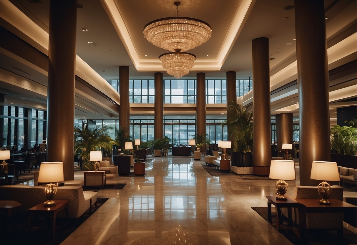 A bustling hotel lobby with a prominent "Frequently Asked Questions" sign, guests and staff interacting, and a modern, elegant decor