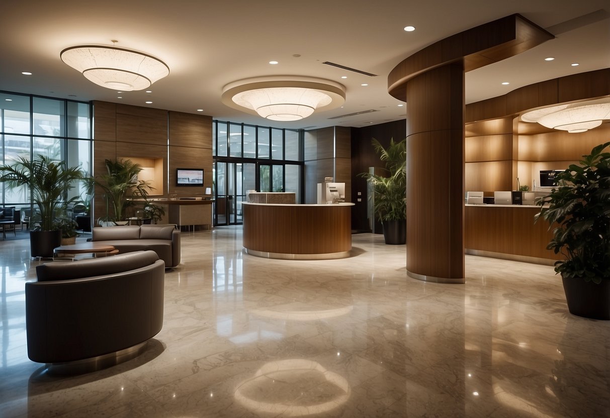 A bustling lobby with a reception desk, signage, and seating area. Guests approach the front desk with inquiries. A staff member assists with a friendly smile