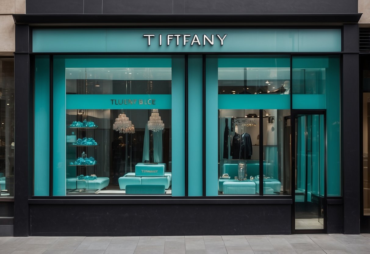 A sleek, modern storefront with the iconic Tiffany blue color scheme and elegant signage. Bright lights illuminate the display windows showcasing luxurious jewelry and accessories
