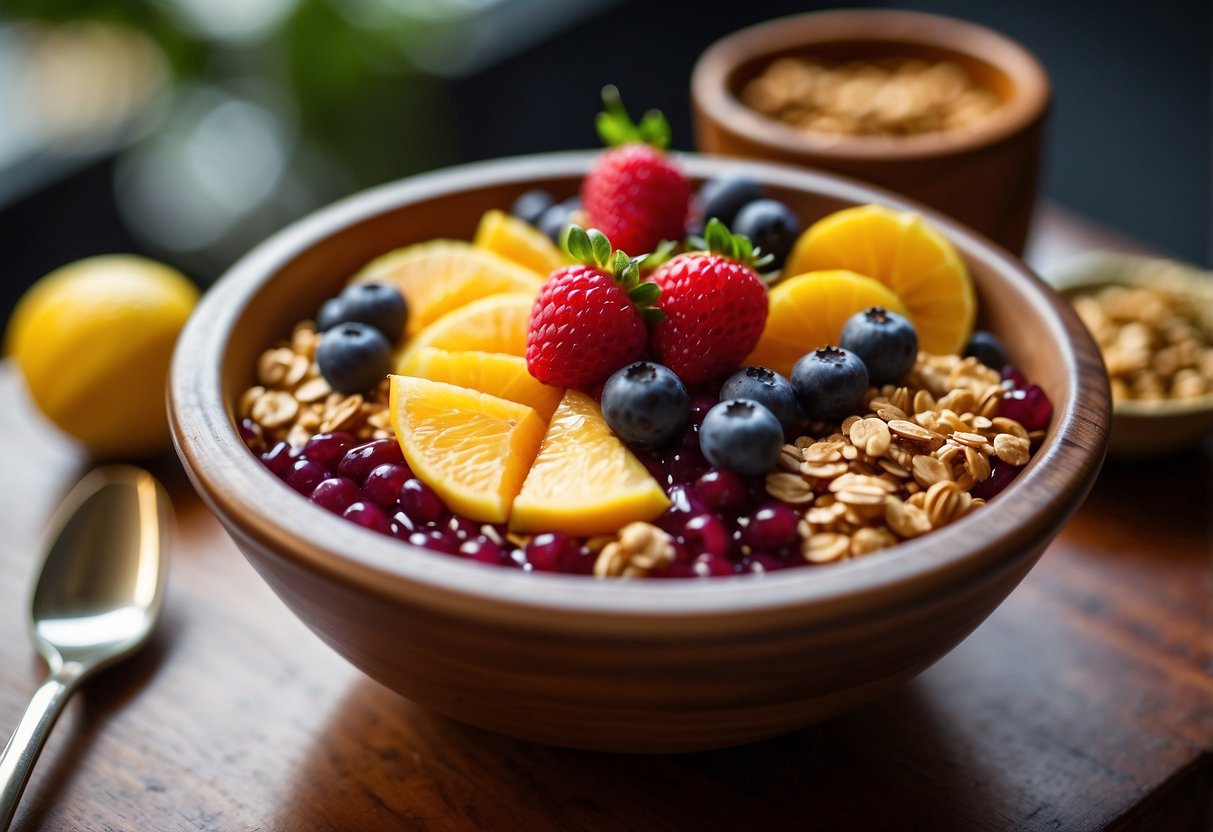 A vibrant acai bowl sits on a wooden table in a cozy Singapore cafe, topped with fresh fruit, granola, and a drizzle of honey